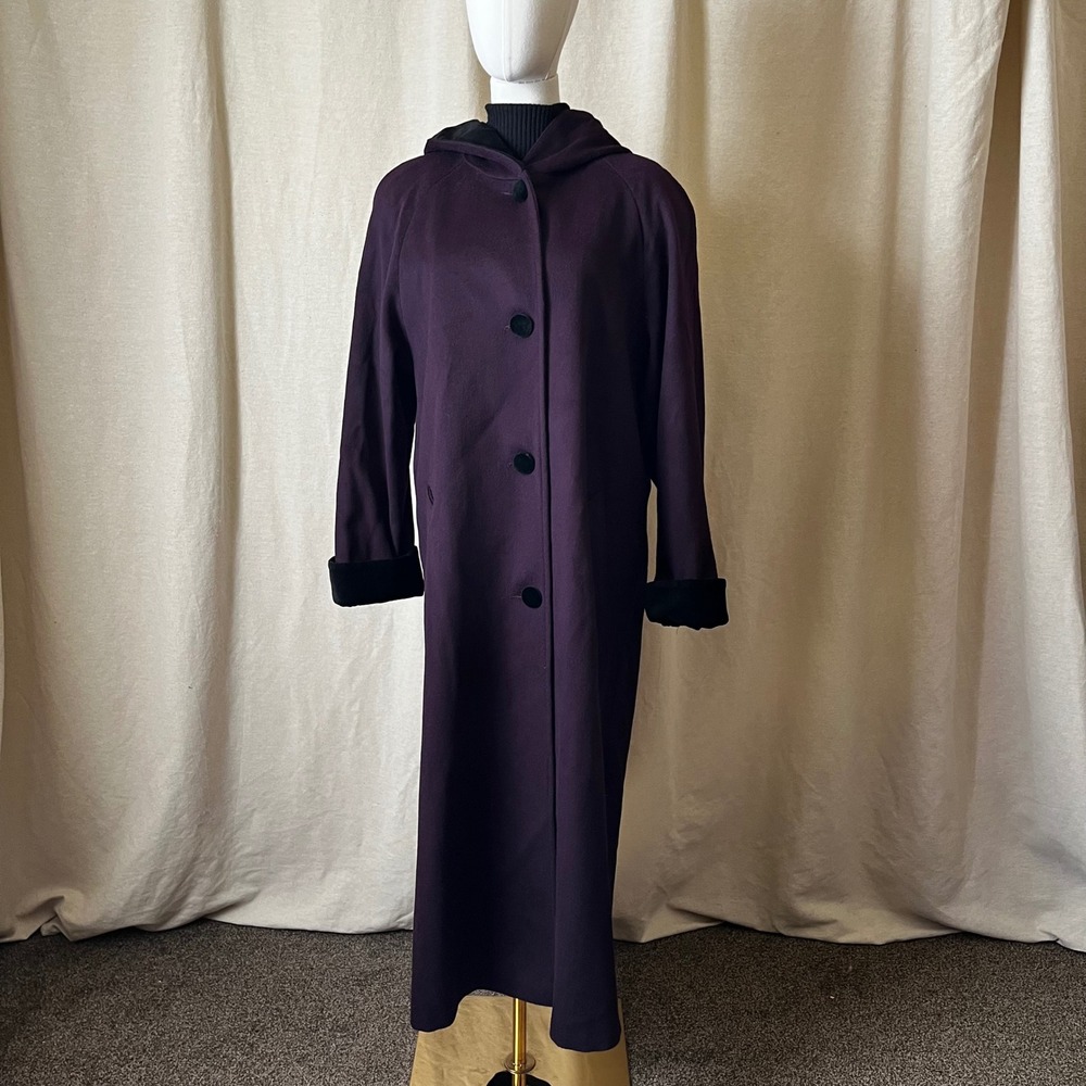 Vintage MDP Mario De‎ Pinto Plum Purple Hooded Pure Wool Long Coat M 8/10 - Picture 10 of 10